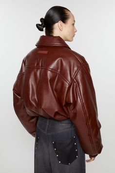 Bomber jacket features a coated leather finish, complete with a zippered closure, side pockets, and Acne Studios logo patch on the back. Cut to a relaxed fit with dropped shoulders and hip length. FN-WN-OUTW000878 Leather Bomberjacket Streetstyle, Shoulder Acne, Acne Studios Coat, Acne Jacket, Acne Studios Pink Jacket, Leather Jacket Acne Studios, Acne Studio Jackets, Fall Leather Jacket, Suit Jacket Dress