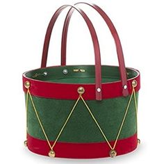 a green and red bucket bag with gold hardwares on the bottom, two handles