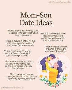 a poster with the words mom - son date ideas written on it and an image of a