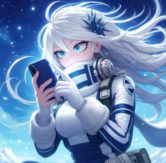 an anime character holding a cell phone in her right hand and looking at the screen