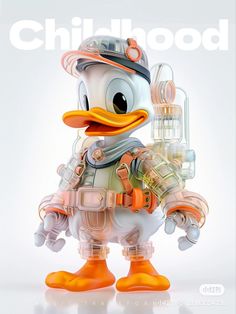 a toy duck with an orange beak is posed for a magazine cover photo on a white background