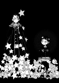 two people standing next to each other in front of stars on a black and white background