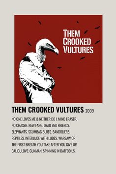 an advertisement for the crooked vultures featuring a man with a bird on his head