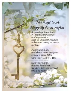 the key to a happily ever after poem is hanging from a tree with white flowers