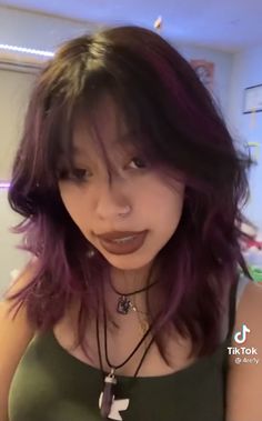 Dark Purple Hair Grunge, Wolfcut Purple Highlights, Face Framing Purple Highlights, Purple Streaks In Brown Hair Curly, Dark Brown With Purple Underneath, Grunge Hair Dye Ideas Purple, Wolf Cut Purple Highlights, Dark Purple Hair Ideas