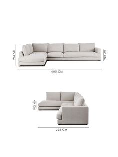 the sectional couch and ottoman are shown with measurements for each piece in this image, it is