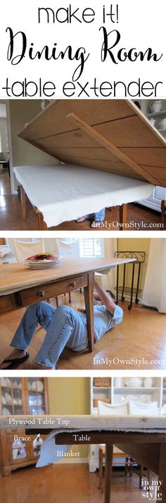 an image of a table being made with wood and some text overlay that says how to make a dining room table extender