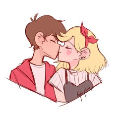 two people are kissing each other while one is wearing a pink shirt and the other has a red bow on her head