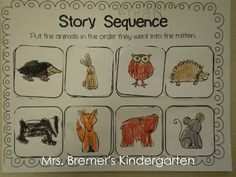 an animal themed story sequence is shown in this handout from mrs bremer's kindergarten