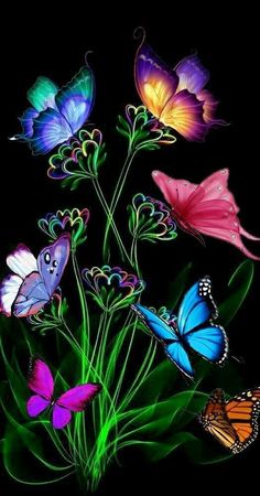 a bunch of colorful butterflies flying around in the dark