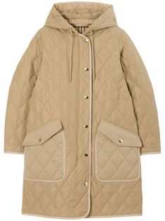 archive beige diamond quilting drawstring hood front press-stud fastening long sleeves two front patch pockets thigh-length straight hem Burberry Outfit, Quilted Parka, Hooded Parka, Quilted Coat, Long Jacket, Parka Coat, Diamond Quilt, Hooded Coat, Outerwear Coats