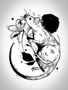 a black and white drawing of a rat holding an umbrella over another rat on the moon