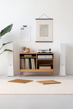 a record player sitting on top of a wooden shelf next to a plant and speakers