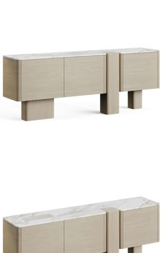 two side by side images of the same cabinet and countertop, one in white marble