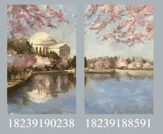 two paintings of cherry blossom trees in front of a lake and the capital building behind them