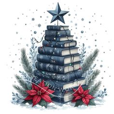 a stack of books with a star on top and poinsettis around it