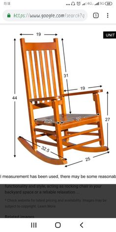 a wooden rocking chair with measurements for the seat and foot rest on top of it