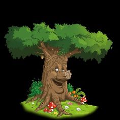 an image of a cartoon tree with mushrooms and plants around it on a black background