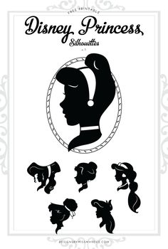 the disney princess silhouettes are shown in black and white