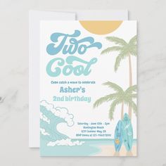 a birthday card with a surfboard and palm trees