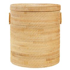 a large woven storage basket with handles on the top and bottom, shown from the side