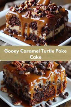 gooey caramel turtle poke cake on a white plate