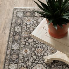 a potted plant sitting on top of a wooden table next to a rug and book