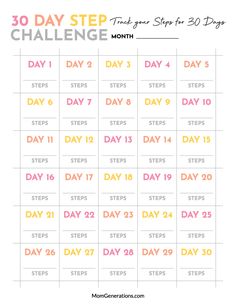 the 30 day step challenge is shown in this printable calendar