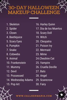 31 Days Of Halloween Makeup Challenge List, 30 Days Of Halloween Makeup, Halloween Makeup Challenge, Makeup Calendar, October Makeup, Beauty Challenge