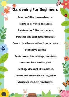 gardening for beginners poster with flowers and bugs