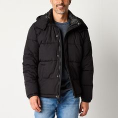 Gear up for cold weather with this St. John's Bay men's heavyweight puffer jacket, designed with water- and wind-resistant properties. Crafted from durable woven fabric, it features a hooded neck for extra protection against the elements, long sleeves, a snap and zipper front closure, and two side slip pockets for added convenience.Features: Hooded, Wind Resistant, LinedClosure Type: Snap, ZipperNeckline: Hooded NeckPockets: 2 Side Slip PocketsSleeve Length: Long SleeveWarmth Factor: Heavyweight Cold Weather Down Puffer Jacket With Double-lined Hood, Functional Puffer Jacket With Double-lined Hood For Outdoor, Nylon Puffer Jacket With Double-lined Hood For Cold Weather, Nylon Puffer Jacket With Double-lined Hood For Outdoor, Long-sleeve Nylon Puffer Jacket With Double-lined Hood, Puffer Jacket, Front Zipper, Cold Weather, Woven Fabric