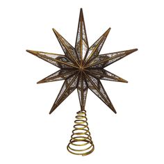 a metal star ornament with spirals hanging from it's side on a white background