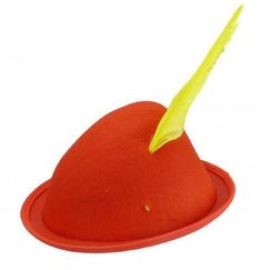 a red hat with a yellow feather on top