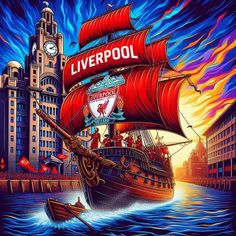 a painting of a ship sailing in the ocean with liverpool on it's side