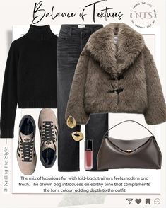 Cozy Luxury, Modern Elements, Brown Bags, Styling Tips, Faux Fur Jacket, Winter Fashion Outfits, In November, Earthy Tones, Fur Jacket