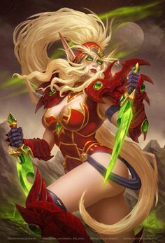 a woman with long blonde hair holding two green swords