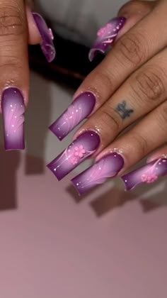 Full Color Acrylic Nails, Dark Purple Pink Nails, Purple Xl Nails, Birthday Nails Short Purple, Gel X Nail Designs Purple, Birthday Nail Set Ideas Purple, Two Different Hand Nails, Dark Purple Nail Inspo Acrylic, Purple Inspired Nails