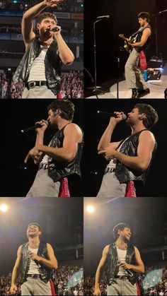 a collage of photos of a man singing on stage