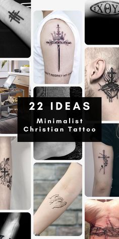 many different tattoos are shown with the words 25 ideas for minimalist christian tattoo designs