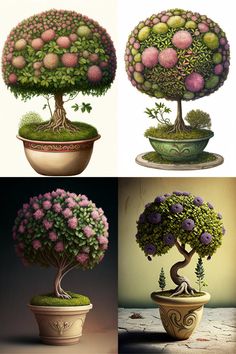 three pictures of different trees in pots