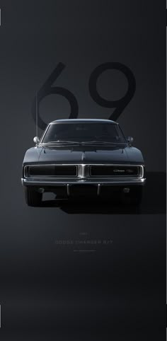 an old dodge charger parked in front of a black background with the number six on it