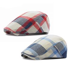 two hats are shown side by side, one is blue and the other is red