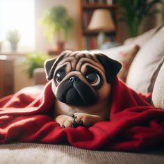 a pug dog wrapped in a red blanket on the couch with its eyes wide open