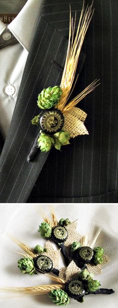 two pictures of a man in a suit and tie with flowers on his lapel