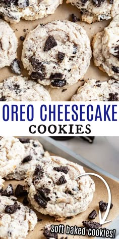 oreo cheesecake cookies on a cookie sheet with chocolate chips and text overlay