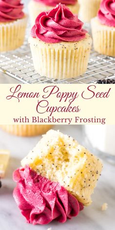 lemon poppy seed cupcakes with blackberry frosting on a cooling rack and in the foreground