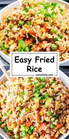 two bowls filled with fried rice and vegetables