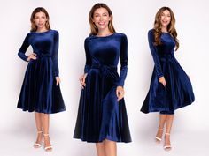 "Dressmade from a beautiful velvet and features a bow belt. High quality stretch velvet fabric to guarantee the perfect fit. This velvet dress is designed with round neckline, long sleeves a softly flared dress for a fuller aesthetic. You can wear dress with belt or without. Navy blue velvet dress with belt, Christmas velvet dress, evening dress, velvet bridesmaid dress, wedding guest dress, party dress You can find the pictures of ALL OTHER VELVET DRESSES & COLORS in our catalog on ETSY here: h Long Sleeve Blue Velvet Dress, Blue Velvet Dress Long, Navy Blue Velvet Dress, Blue Velvet Dress, Long Sleeve Velvet Dress, Ruffle Wrap Dress, Velvet Bridesmaid Dresses, Blue Velvet, Velvet Dress