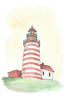 a watercolor painting of a lighthouse on top of a hill with red and white stripes