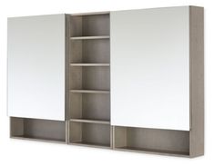 a white cabinet with two mirrors on it's sides and one door open to the other side